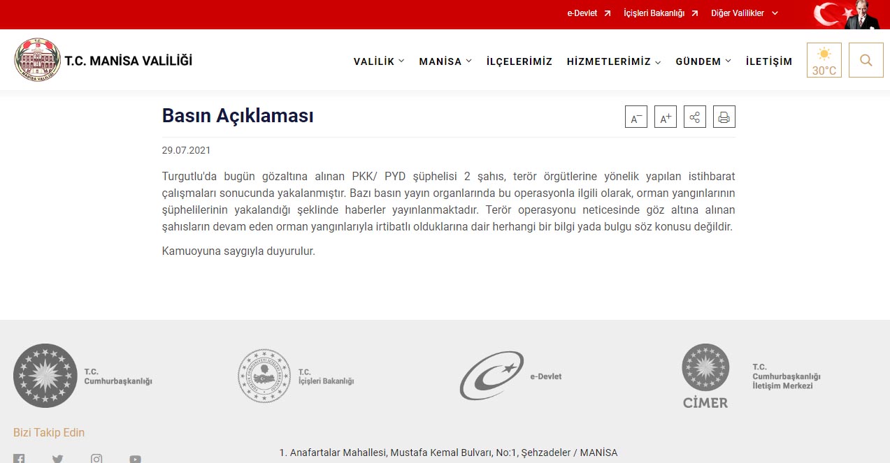manisa valilik dha orman yangini pkk yalan haber