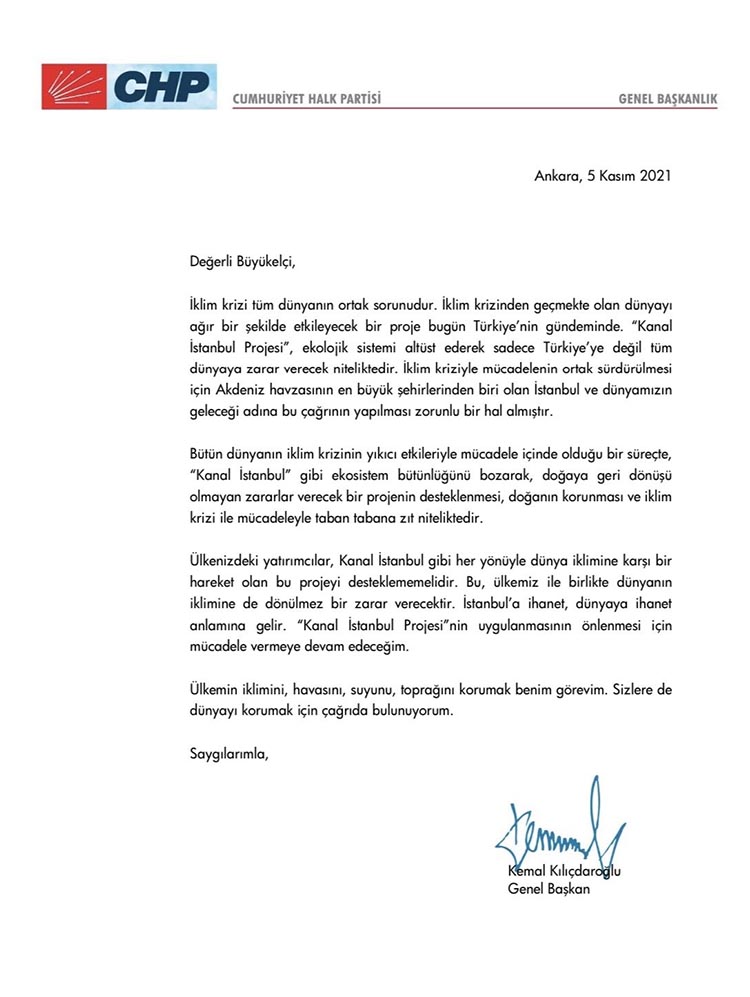 kemal kilicdaroglu buyukelcilere mektup 05 11 2021